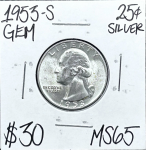 1953-S MS65 Gem Silver Washington Quarter
