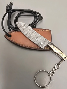 Hand Made Micro Damascus Straight Blade, Full Tang, With Leather Sheath And Key Chain Ring- Brand New