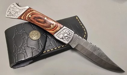 Hand Made Damascus Folding Pocket Knife By Hunting Hawk Inc With Leather Sheath- Brand New