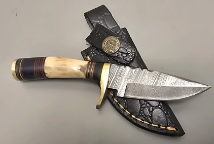Hand Made Straight Blade Damascus Knife By Hunting Hawk Inc, Bone Style Handle With Leather Sheath- Brand New
