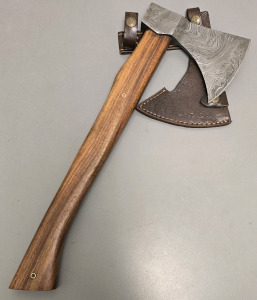 Hand Made Damascus Hatchet By Hunting Hawk Inc With Leather Blade Sheath- Brand New!