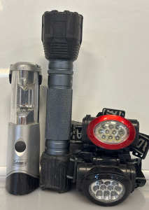 (2) Head Lights, Coleman Mini Lantern And Flashlight
