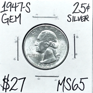 1947-S MS65 Gem Silver Washington Quarter