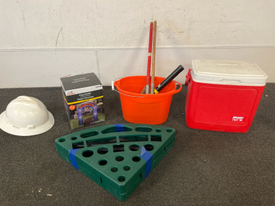 White Hard Hat, Halloween Inflatable, Sprot 24 Cooler by Igloo, Car Washing Bucket with Squeegee&rsquo;s, And Much More!!!!