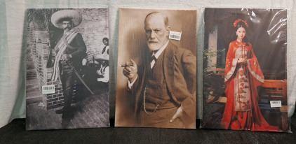 (3) Single Panel Canvas Wall Art Prints, (1) Emiliano Zapata Portrait / 1910-1920 Mexican Revolution, 24"T x 16"W, (1) Sigmund Freud Portrait, 24"T x 16"W & (1) Retro Chinese Princess Portrait, 24"T x 16"W