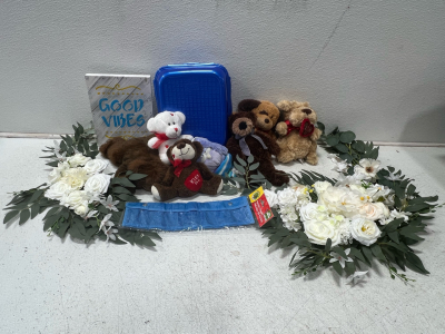 Assorted stuffed animals and floral decor