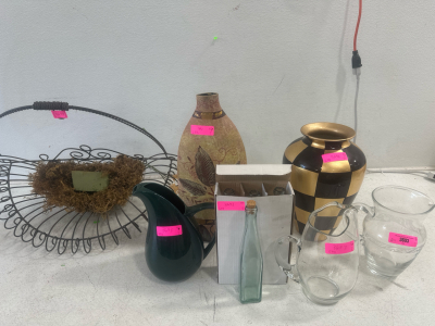 (3) Glassware, (2) Vases, and (1) Wall Mounted Floral Arraingment Holder