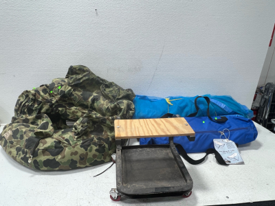 Float tube, hammock, blue mesh tarp with poles