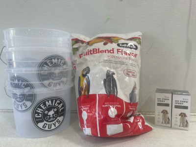 (2) Chemical Guys Buckets, (1) ZuPreem 17.5 lb Bag of Medium Bird Feed and (4) Cartons of Bitter No Chew Spray for Dogs