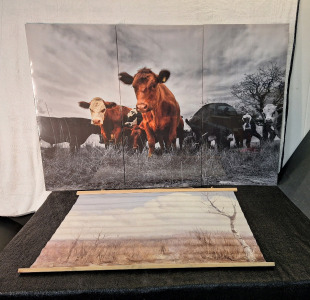 (2) Canvas Wall Art Prints, (1) 3-Panel Cattle Themed, 40"T x 60"W & (1) Single Hanging Panel, Retro Vintage Landscape Style, 30"T x 40"W