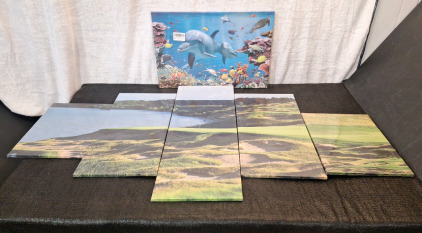 (2) Canvas Wall Art Prints, (1) Dolphin / Ocean Themed, 16"T x 24"W & (1) 5-Panel Golf Course Scene, 32"T x 60"W
