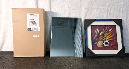(1) 3-Tier Metal Plant Stand/Shelf, Black, (1) 12" x 16" Mirror & (1) Framed Piece Of Nature Inspired Artwork, 14" x 14"