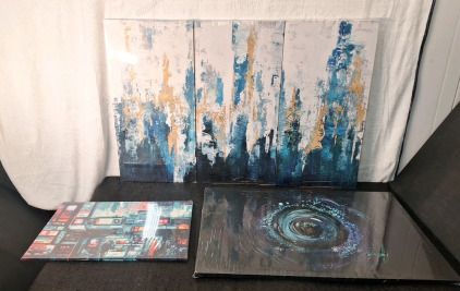 (3) Canvas Wall Art Prints, (1) 3-Panel, Green/White/Gold Abstract 32"T x 48"L, (1) Single Panel, Blue/Green/Purple Abstract 24"T x 36"L & (1) City Abstract, 16"T x 24"L