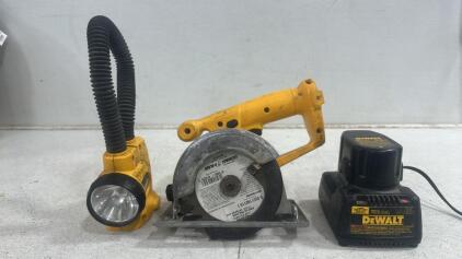 (1) Dewalt DW935 Circular Saw, (1) Dewalt DW9116 Battery Charger, (1) Dewalt DW918 Rechargable Battery, and (1) Dewalt DW9092 Battery.