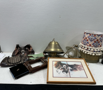 (2) Lamp Shade sets (2) Hanging Lamps (3) Handbags (4) Picture Frames and A 24&rdquo;X18&rdquo; Rushing War Eagle Art Piece