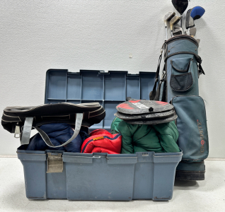 (1) Rubbermaid Trunk (3) Sleeping Bags (3) Ektelon Racquet ball Racquets (1) Cooler with a bottle opener (1) set of Golf Clubs