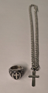 (1) Men's Cross Pendant Necklace & Ring, Size-10