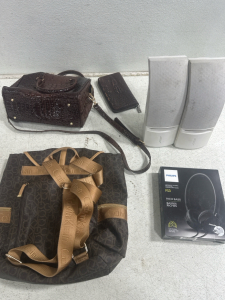 (1) Calvin Klein Backpack Purse, (1) Faux Alligator Leather Bag and Clutch, (1) Pair of Philips FS3 Headphones, and (1) Bose Speakers