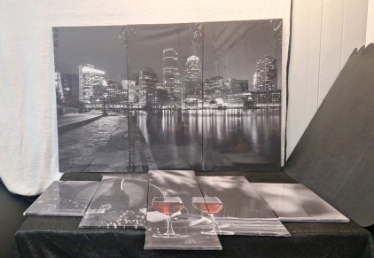 (2) Large Canvas Wall Art Prints, (1) 3-Panel Black & White - Nightime Cityscape, 40"T x 60"L & (1) 5-Panel Black & White - Wine Barrel & Glasses, 40"T x 60"L