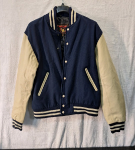 (1) Brutul Bee Original Leather Varsity Letterman Jacket, Wool & Leather Original American Style Varsity Jacket, XXL, Navy Blue/ Cream