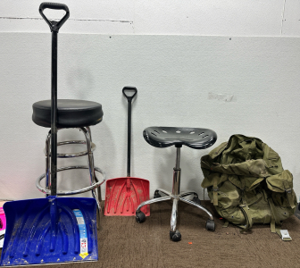 (1) Big Snow Shovel/Pusher (1) Small Snow Shovel (1) Barstool (1) Rolling Stool (1) Large Rucksack