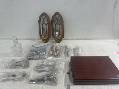Large Silverware Set Featuring (2) Wall Mounted Candle Holders and (1) Glass Decanter