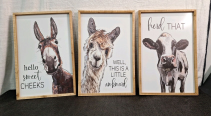 (1) Set Of (3) Framed, Funny Animal Wall Art Panels, Each Panel Is 24"T x 16"W
