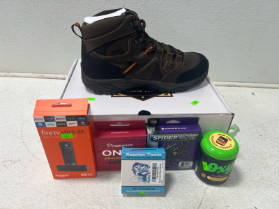 Hiking boots, fishing line, fire tv stick, acne care