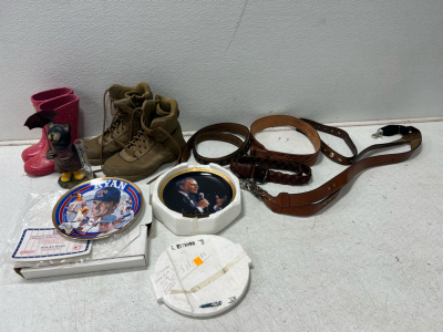 Belts, collectible plates, rain catcher bear, rain boots green boots