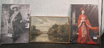 (3) Single Panel Canvas Wall Art Prints, (1) Emiliano Zapata Portrait / 1910-1920 Mexican Revolution, 24"T x 16"W, (1) Framed, Retro Nature Landscape, 16"T x 24"W & (1) Retro Chinese Princess Portrait, 24"T x 16"W