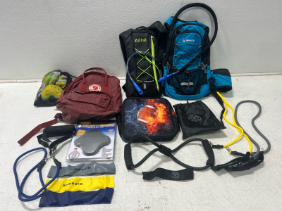 Hydration packs, kids knee pad set, work out set, lunch box, kids backpack. Heart guard shirt. Golds gym bag of work out stuff.
