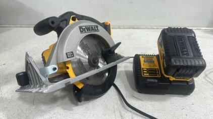 (1) Dewalt 20V Max Circular Saw, (1) Dewalt 20V Max Litium Ion Battery, and (1) Dewalt DCB115 Battery charger