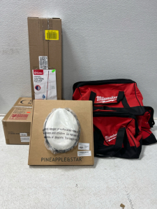 Milwaukee tool bags, hat, mop, shower shelf, stool