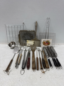 Kabob Grill Baskets, Tongs, Meat Forks, Spatulas, Beer Can Chicken Holders, Vintage Meat Grinder Blade