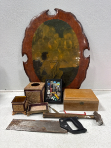 Wood Painting, Tissue Box, Soap Dish, Wood Box, Hammer, Saw, Cigar Wrapper Case