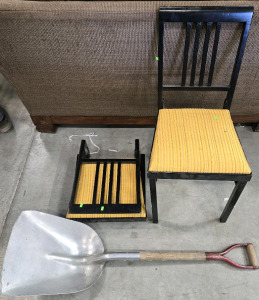 (2) Vintage Collapsible Wood & Fabric Padded Chairs - 33"H & Wood Handle Snow Shovel