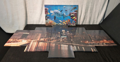 (2) Canvas Wall Art Prints, (1) Dolphin / Ocean Themed, 16"T x 24"W & (1) 5-Panel Nightime Cityscape, 32"T x 60"W