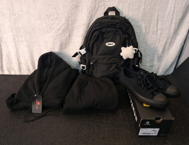 (1) INSENVER - Men's Hoodie & Sweatpant Set, L, (1) Pair Of Converse Sneakers, Size 8M/10W & (1) Day Pack