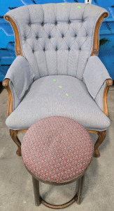Vintage Wood Padded Fabric Chair - 36"H & Small Wood Favric Padded Stool - 19"H