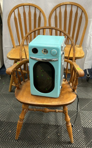 (2) Wooden Swivel Chairs (1) Wooden Arm Chair (1) Galanz Microwave Oven