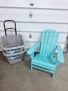(1) Wooden Blue Outdoor Chair & (1) Multipurpose Rolling Plastic Carts