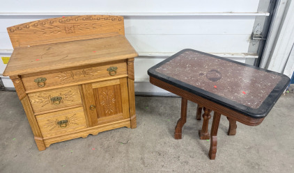 (1) Small Wooden Hand Carved Cabinet 32&rdquo;x 17&rdquo; x 33&rdquo; & (1) Marble Top Small Table 30&rdquo;x20&rdquo;x21.5&rdquo;