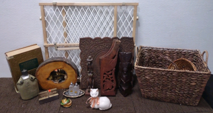 (1) Vintage Army Drinking Canister, (1) 1960's Webster's Unified Dictionary & Encyclopedia, (1) Wooden Baby Gate, (2) Vintage Handcrafted Japanese Salt/Pepper Shakers, & Much More!