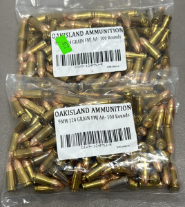 9MM 124 Grain FMJ Ammunition, 200 Rounds, OAKISLAND AMMUNITION