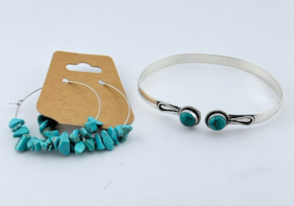 Natural Stone Hoop Earrings & Silver & Turquoise Cuff Bracelet