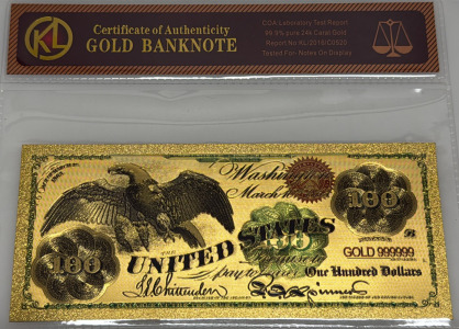 Gold-Plated $100 Banknote Replica, 99.9% 24k Gold, COA Included