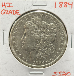 1884 Morgan Silver Dollar Coin, Philadelphia Mint, High Grade, 90% Silver