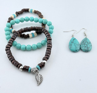 (3) Wood Bohemian Bracelets & Turquoise Teardrop Earrings