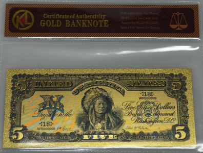 24k Gold-Plated $5 Banknote Replica, Certificate of Authenticity, Serial WR8999999