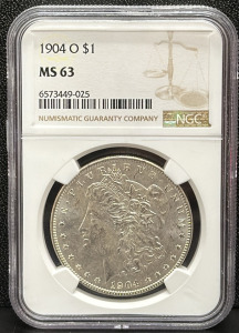 1904 O Morgan Dollar, NGC MS 63, Liberty Head, Serial 6573449-025